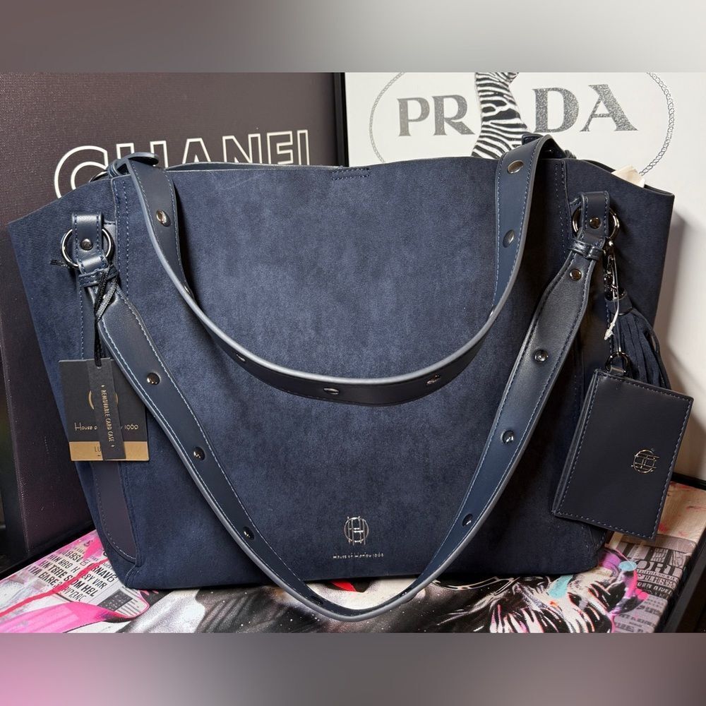 House of Harlow 1960 Navy Suede Tote with Leather Trim